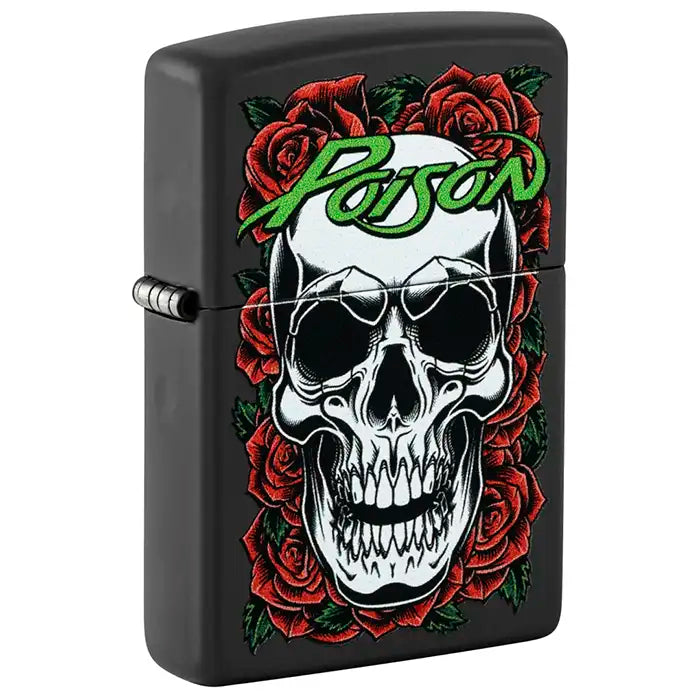 Zippo - Motyw Trującej Czaszki z Różami - Czarna Matowa Zapalniczka
