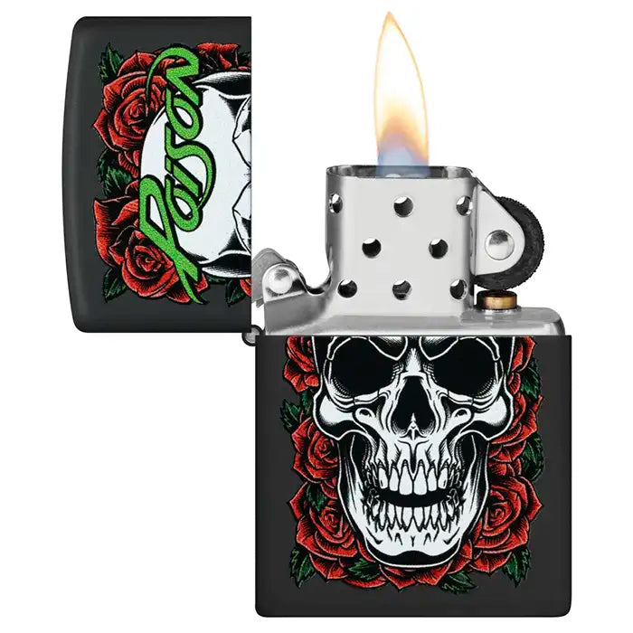 Zippo - Motyw Trującej Czaszki z Różami - Czarna Matowa Zapalniczka
