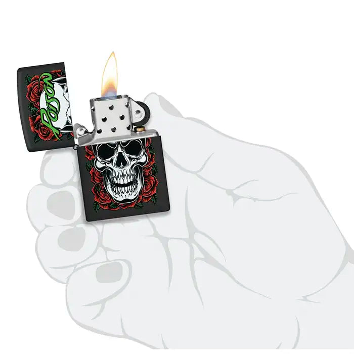 Zippo - Motyw Trującej Czaszki z Różami - Czarna Matowa Zapalniczka