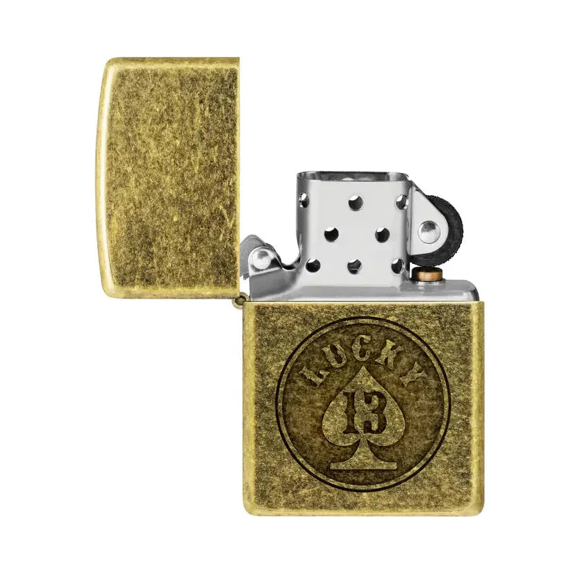 Zippo - Lucky 13 Motif - Zapalniczka z antycznego mosiądzu
