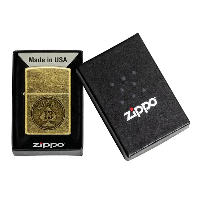 Zippo - Lucky 13 Motif - Zapalniczka z antycznego mosiądzu
