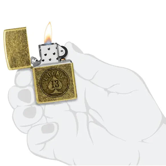 Zippo - Lucky 13 Motif - Zapalniczka z antycznego mosiądzu