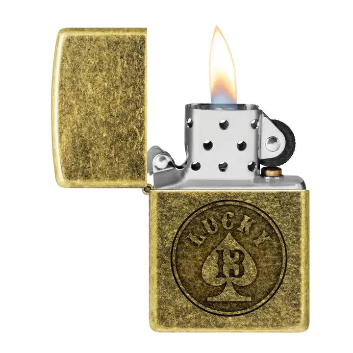 Zippo - Lucky 13 Motif - Zapalniczka z antycznego mosiądzu