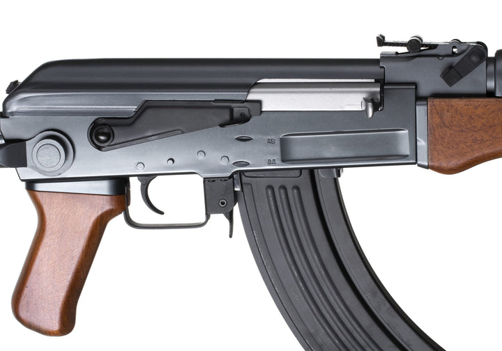 Cyma CM028S AKS47 Elektrisk Softgun m/Foldekolbe - Sort/Brun - detalj av receiver og pistolgrep